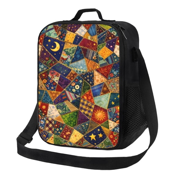 Patchwork Pattern Lunch Bag Insulated Thermal Lunch Box with Shoulder Strap & Handle for Women and Men