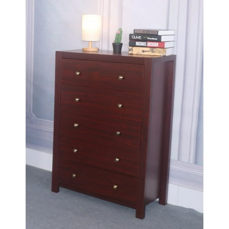 5 Drawer Chest With Metal Glides And Brass Knob Dark Brown Finish
