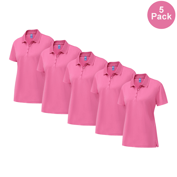 Zfeel Women Poly Polo Shirt, Pure Dry Fit Moisture-wicking Short Sleeve Blank Tee, Pink, 5 Pack, S