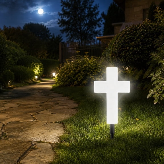 Solar Powered White Cross Garden Stake Light, Waterproof Grave Memorial Marker Lamp, Decorative Cemetery Ornament for Yard Lawn Pathway Outdoor Remembrance