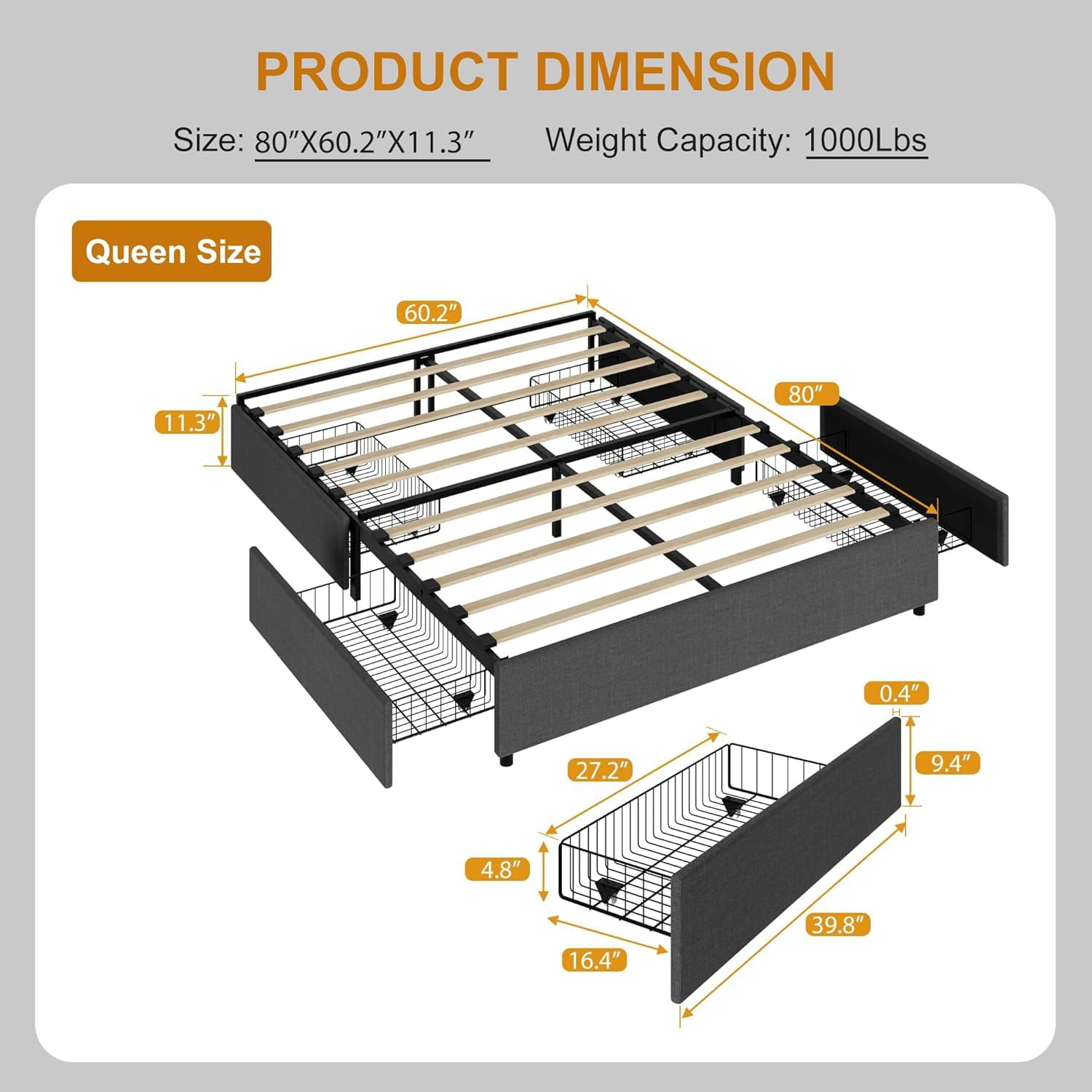 TROPOW Queen Bed Frame,Platform Bed Frame, Fabric Upholstered with 4 Storage Drawers, No Box Spring Needed, Wooden Slats Support, Noise Free, Easy Assembly, Dark Grey