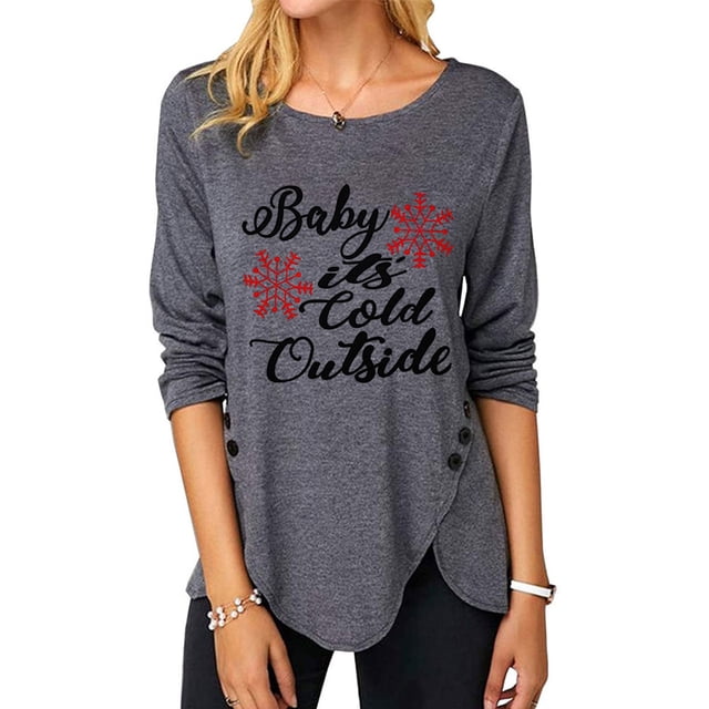 Blusa Estampado Cuello Redondo Dobladillo Irregular Botón Manga Larga Tops De Moda Para Mujer Gris Oscuro XL
