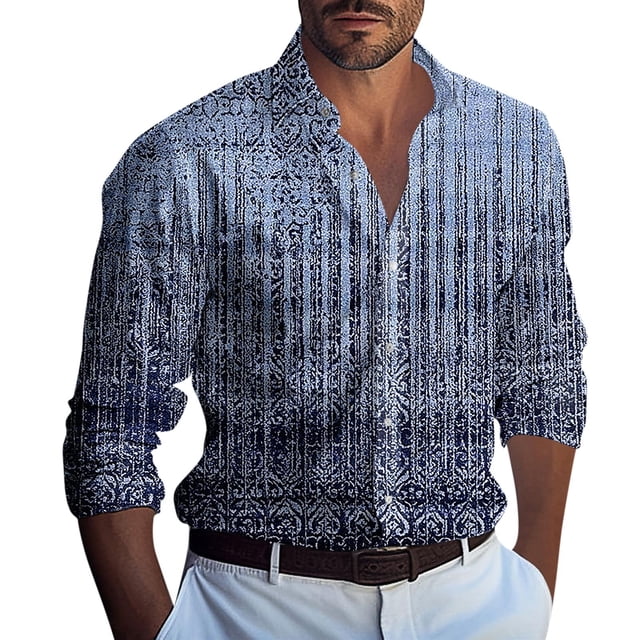 Men's Summer New Loose Print Long Sleeve Shirt Cardigan Beach Shirt M