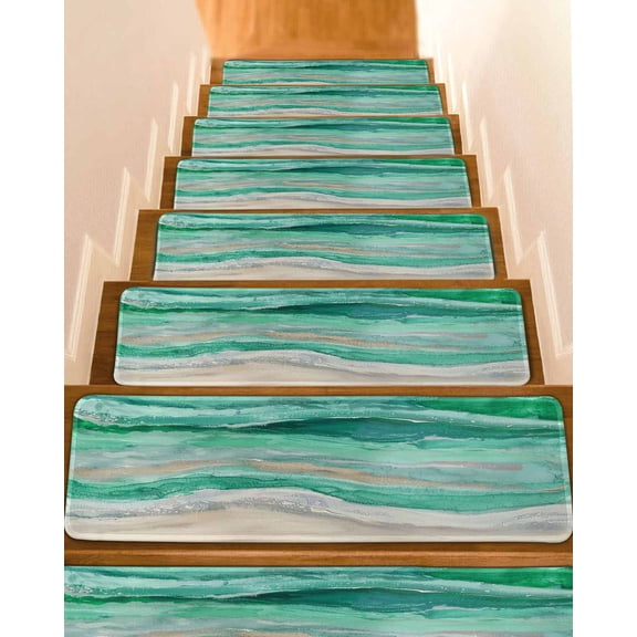 Stair Treads for Wooden Steps, Green Coastal Peel and Stick Stair Treads with Reusable Adhesive, Summer Beach Nautical Abstract Art Non Slip Indoor Stairs Runner Rugs Mats for Elders Dogs 8"x30" 4PCS