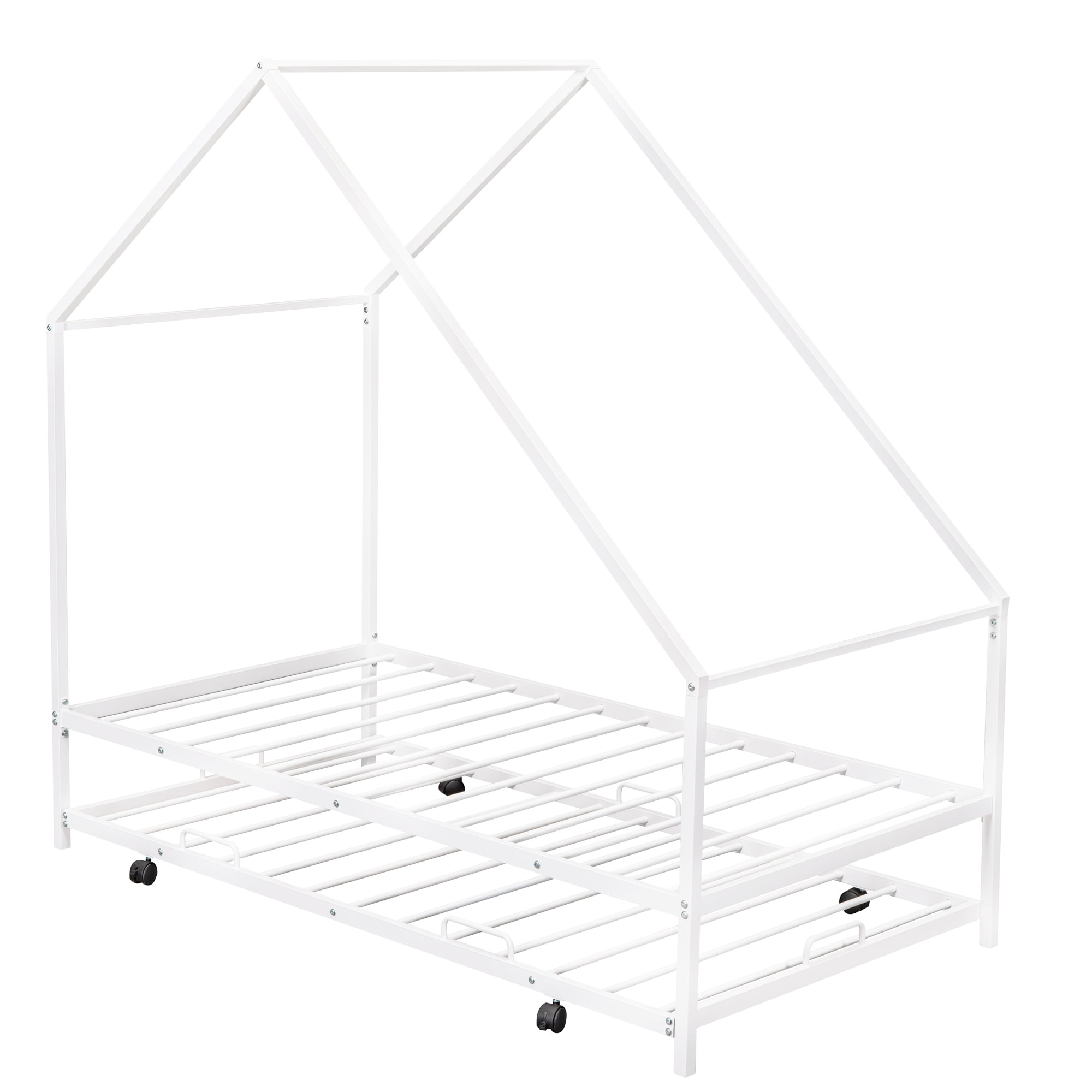 Gewnee Metal House Bed With Trundle,Kids Twin Size House-shaped Platform Bed Frame,White