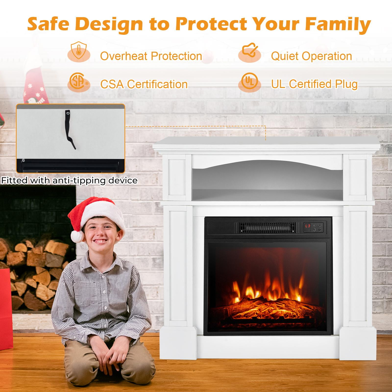 32" Electric Fireplace w/Mantel and Remote Control, Freestanding Heater w/3-Level Adjustable Flame Brightness & Overheat Protection, White