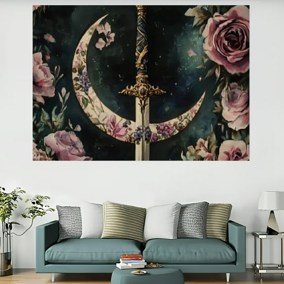 Creowell Flowers Sword Tapestry 100% Polyester Wall Hanging for Living Room Bedroom Dorm Decoration 60x40in