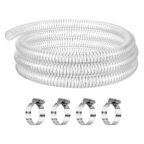 Uxcell Suction Hose, 3/4 ID x 10 ft Clear Steel Wire Flexible Tubing with 4 Clamps