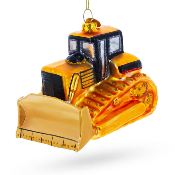 Tracked Bulldozer Construction Vehicle with Detailed Cab Glass Christmas Ornament