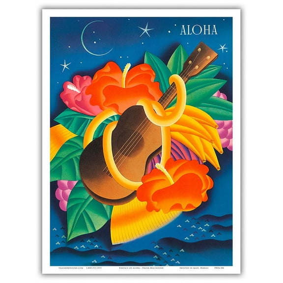 The Essence Of Aloha - ʻUkulele with Hawaiian Flowers and Fruit - Vintage Ocean Liner Travel Poster by Frank Macintosh c.1930s - Master Art Print (Unframed) 9in x 12in