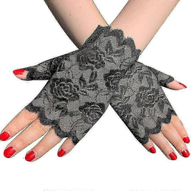 Women Girls Summer UV-Proof Driving Gloves Mesh Floral Lace Solid Color Fingerless Mittens for Wedding Opera Party