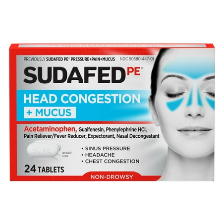 Sudafed PE Head Congestion + Mucus Non-Drowsy Relief Tablets, 24 (Best Over The Counter Congestion Relief)