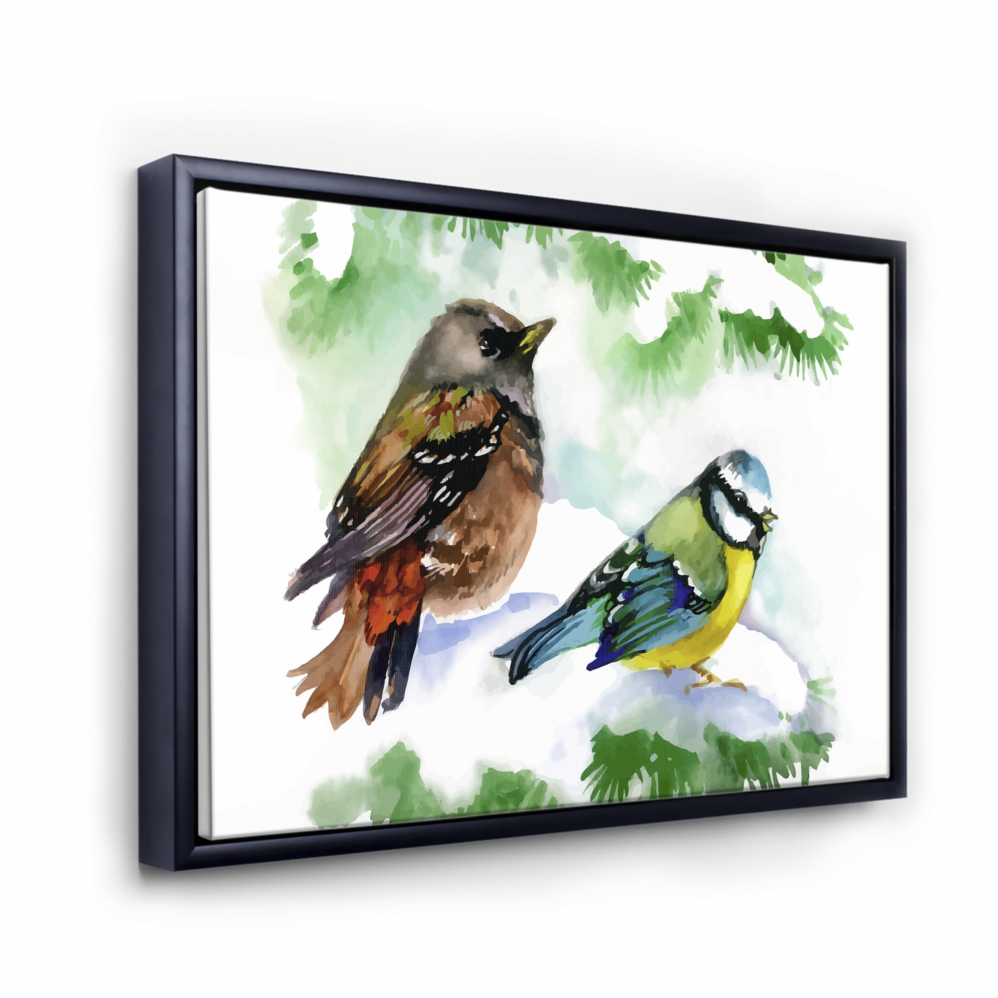 Designart 'Forest Birds Sitting On Snowy Fir Tree Branch' Traditional Framed Canvas Wall Art Print