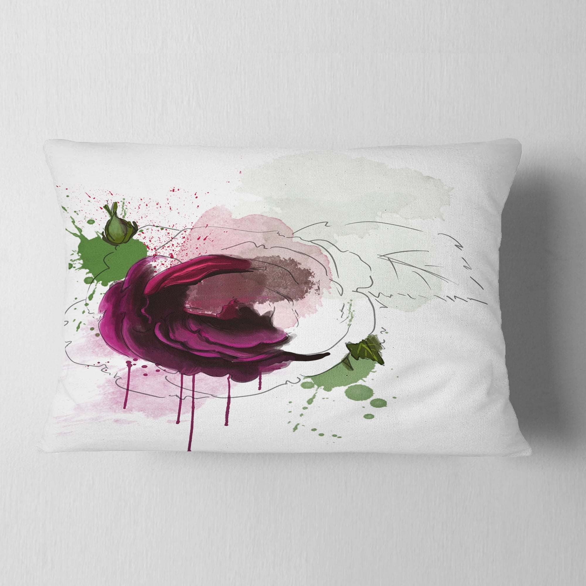 Designart Purple Rose Sketch Watercolor - Floral Throw Pillow - 12x20