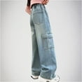 thumbnail image 4 of HAOTAGS High Rise Pants Childs Lightweight Wide Leg Demin Pants Straight with Pockets Navy 15 Years, 4 of 6