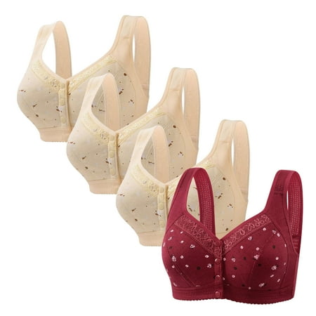 Tao Tao 4 Pack Daisy Bras For Women Front Button Snaps Closure Wireless Cotton Bra For Seniors Sports Bra Push Up Bra Wire Free Bras Beige S