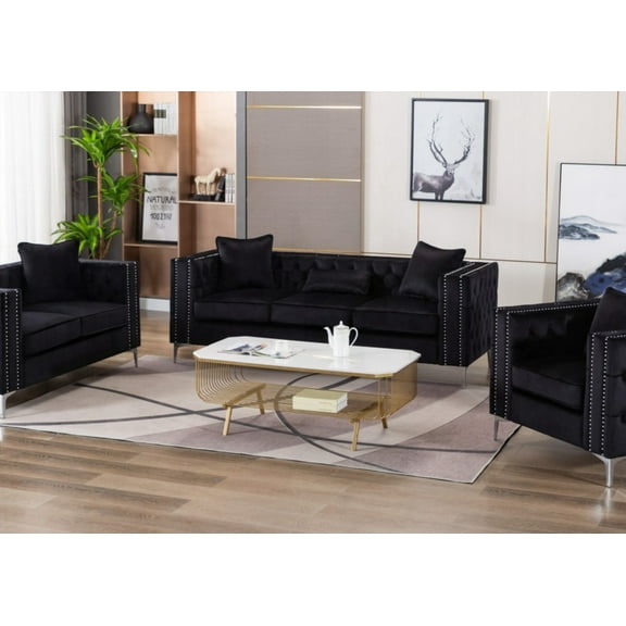 Modern Black Velvet 86" Sofa with Button Tufting and Chrome Legs