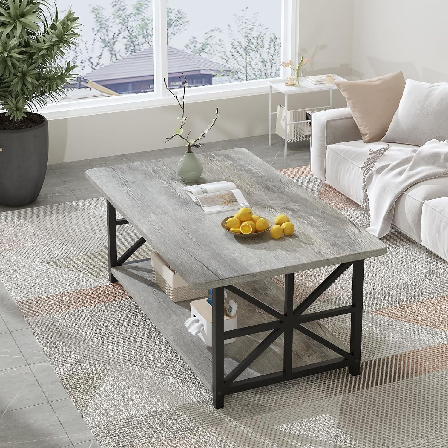 LinkRomat Rectangular Coffee Table with Storage Shelf, 2-Tier Center Table with Rounded Corners for Living Room, Small Spaces, Easy Assembly, Gray