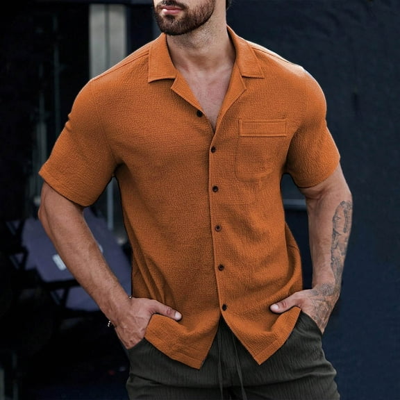 Fnnxeal Mens Casual Button Down Shirts, Men's Shirt with Short Sleeves Solid Breathable Shirts Summer Shirt for Men Collared Orange M