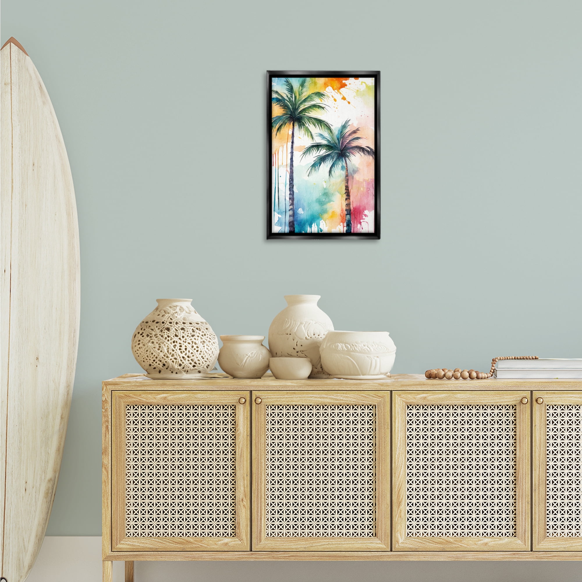 Stupell Industries Paint Splash Palms Botanical & Floral Painting Black Floater Framed Canvas Art Print Wall Art, 17 x 25