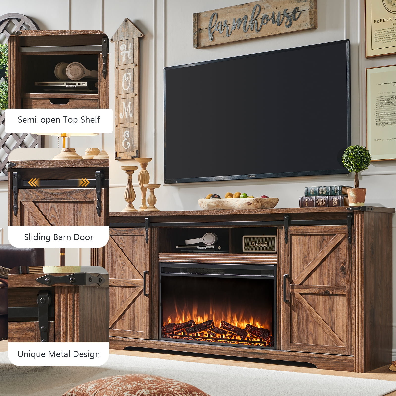 T4TREAM Farmhouse TV Stand for TVs up to 80", Entertainment Center with 30" Electric Fireplace and Sliding Barn Door&4 Drawers Storage Inside, Reclaimed Barnwood