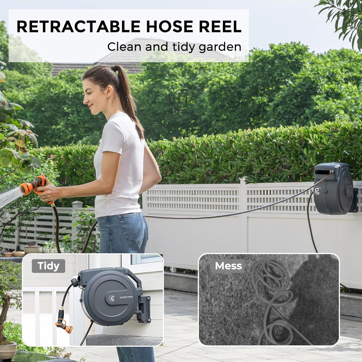 Giraffe Tools Garden Retractable Hose Reel-5/8in-90ft, Metal Bracket, Wall Mounted, Dark Grey