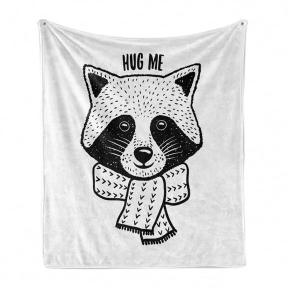Hug Soft Flannel Fleece Throw Blanket, Outline Style Hand Drawn Raccoon with a Scarf and Hug Me Lettering, Cozy Plush for Indoor and Outdoor Use, 60" x 80", Charcoal Grey and White, by Ambesonne