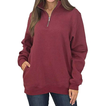 711ONLINESTORE Women Stand Collar Solid Color Pockets Zip Neck Sweatshirt Top