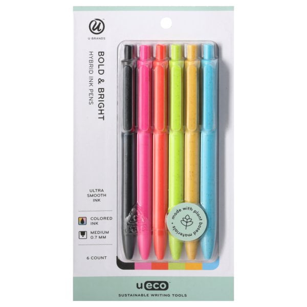 U Brands Bold & Bright Colored Hybrid Ink Eco Friendly Ballpoint Pens, Set of 6