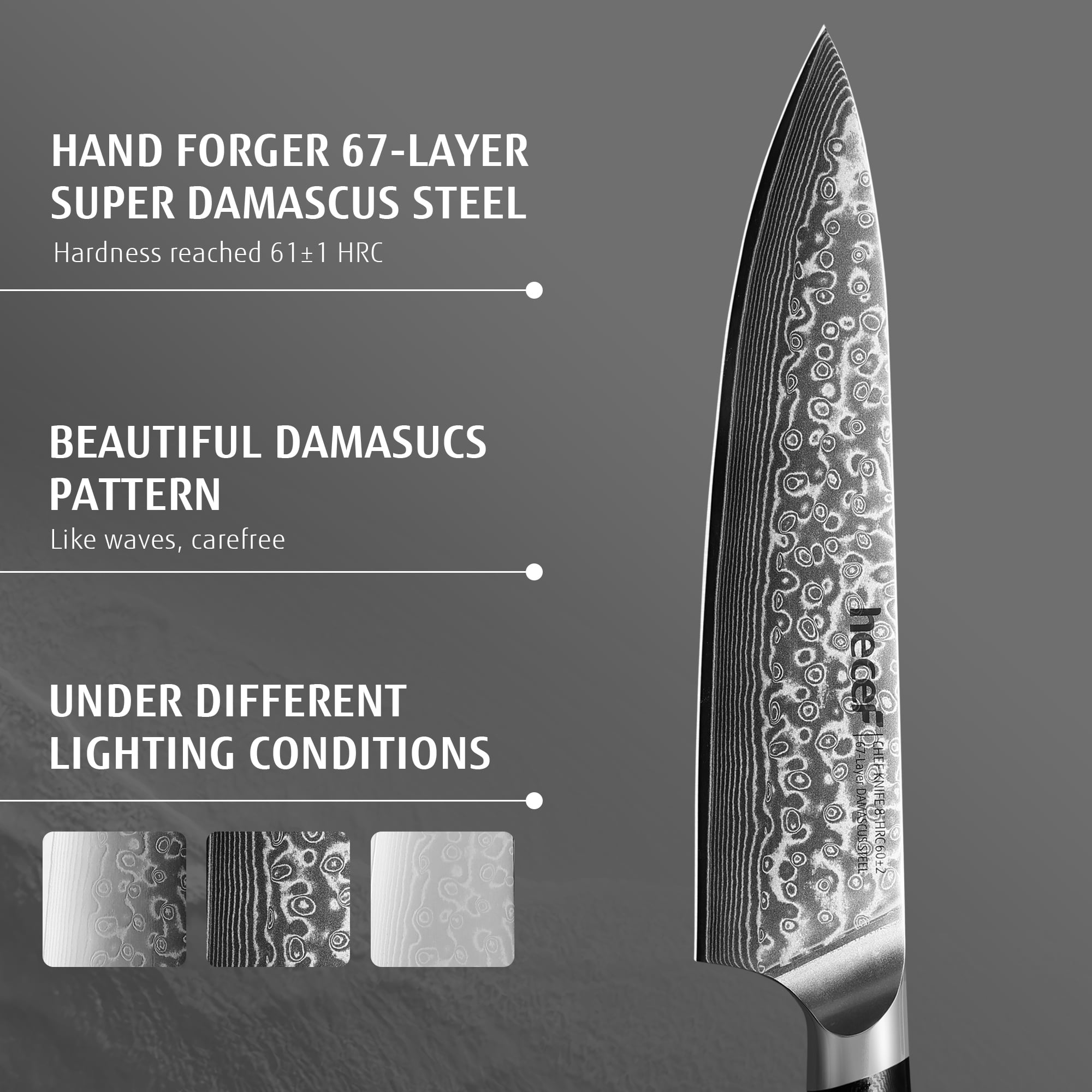 Hecef 8-Inch Damascus Steel Chef Knife, VG10 Professional Kitchen Knife