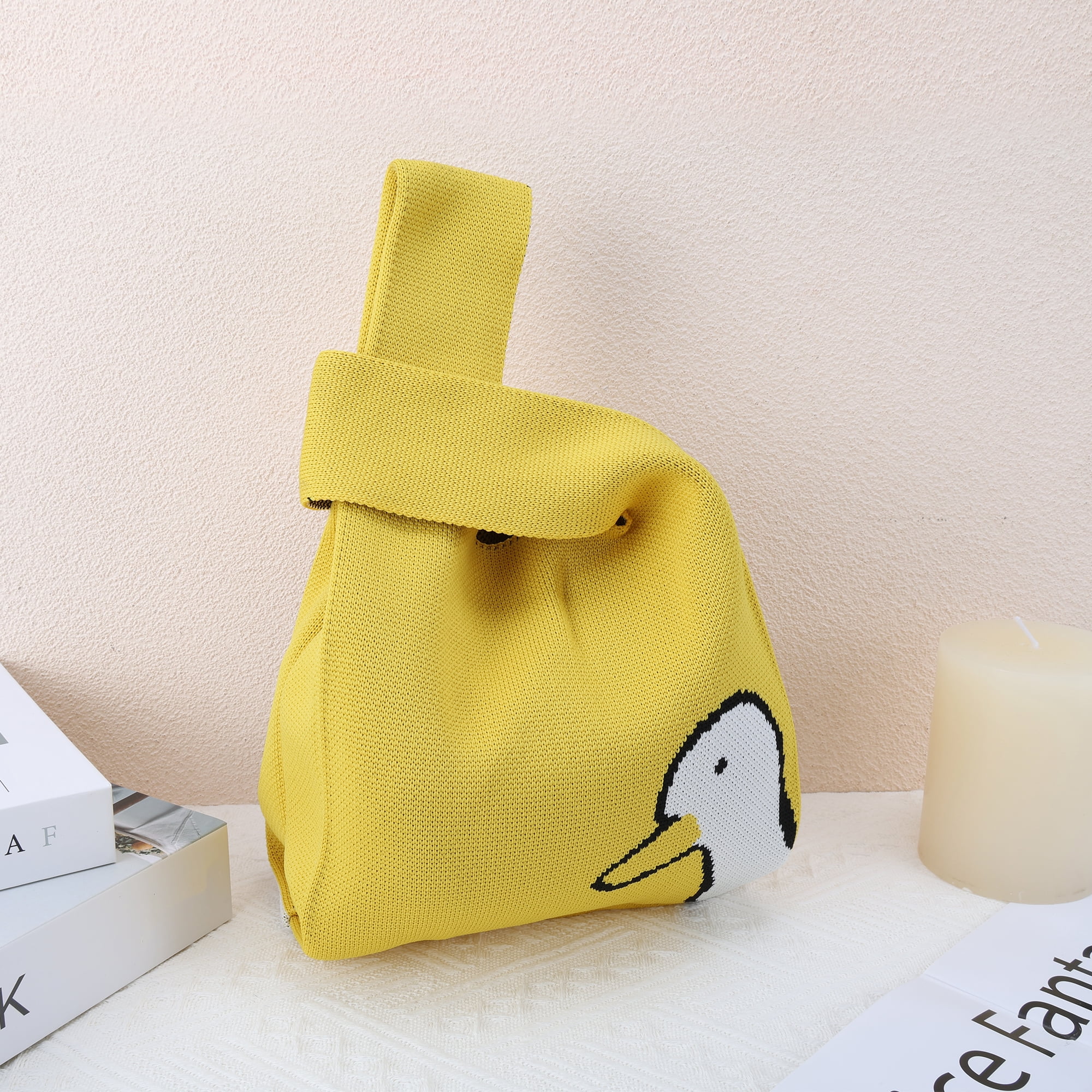 Unique Bargains Stylish Animal Pattern Knitted Wrist Bag for Everyday Use Yellow, White