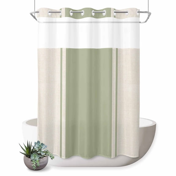 No Hook Shower Curtains for Bathroom Sage Green Vintage Waterproof Fabric Shower Curtain Restroom Decor Geometric Stripes Simple Lines Bathtub Bath Curtains with See Through Top Window 60x72 Inch