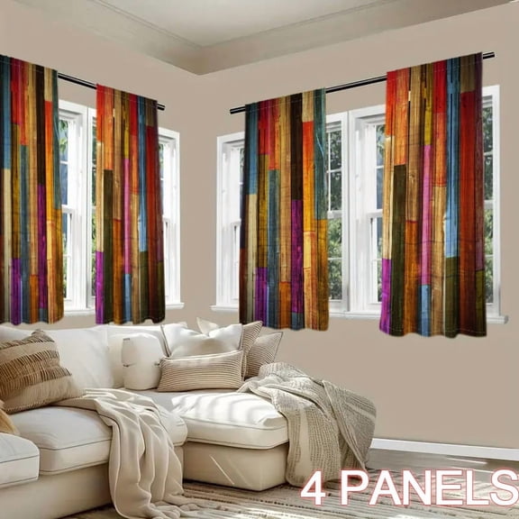 WNOOHIY Colorful Wooden Plank Stripe Light-filtering Curtains for Living Room, Bedroom, Outdoor Decoration, Set of 4 Panels