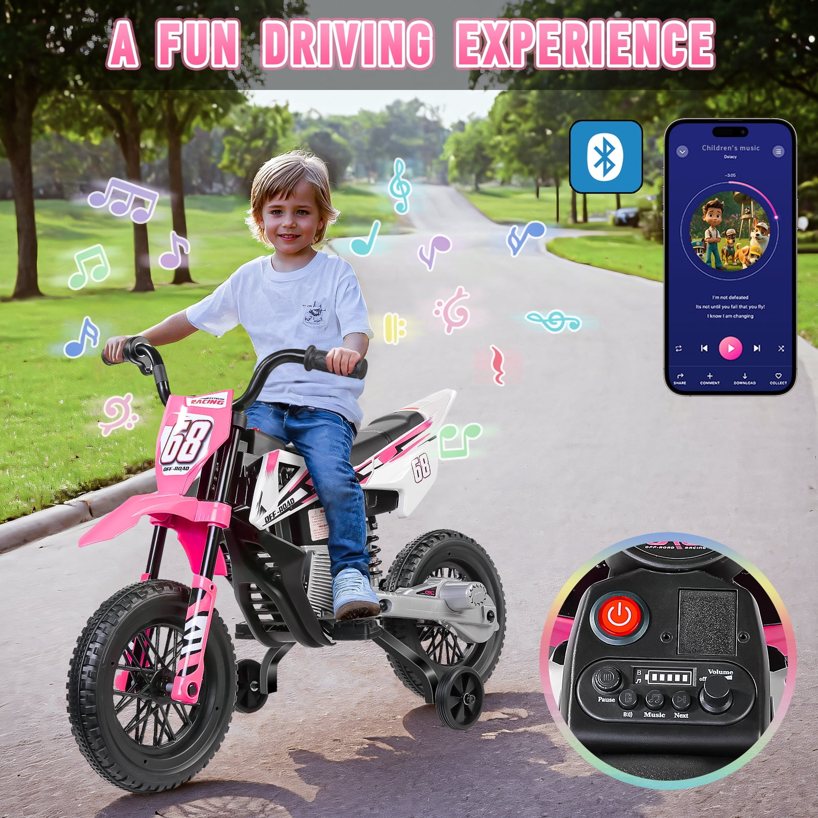 Farmdex 12V Electric Dirt Bike, Kids Ride on Motorcycle with 2 Training Wheels, Electric Motorcycle for Kids with Twist Grip Throttle, Built-in Music, 30W*2 Motors, Pink