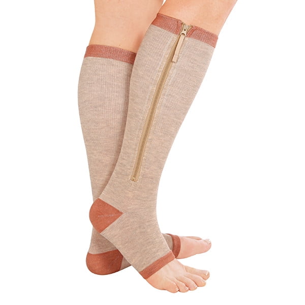 Copper Support Zip Socks, Open Toe Compression Stockings, Large/XL, 1