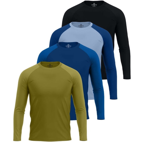 Real Essentials 4 Pack: Mens Long Sleeve Rash Guard Shirt Swimwear UPF 50 Sun Protection Surf Top (Available in Big & Tall)