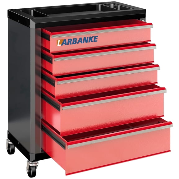 LARBANKE 5 Drawer Rolling Tool Chest with Wheels, Lock & Waterproof Top, Stackable Tool Cabinet - Red & Black