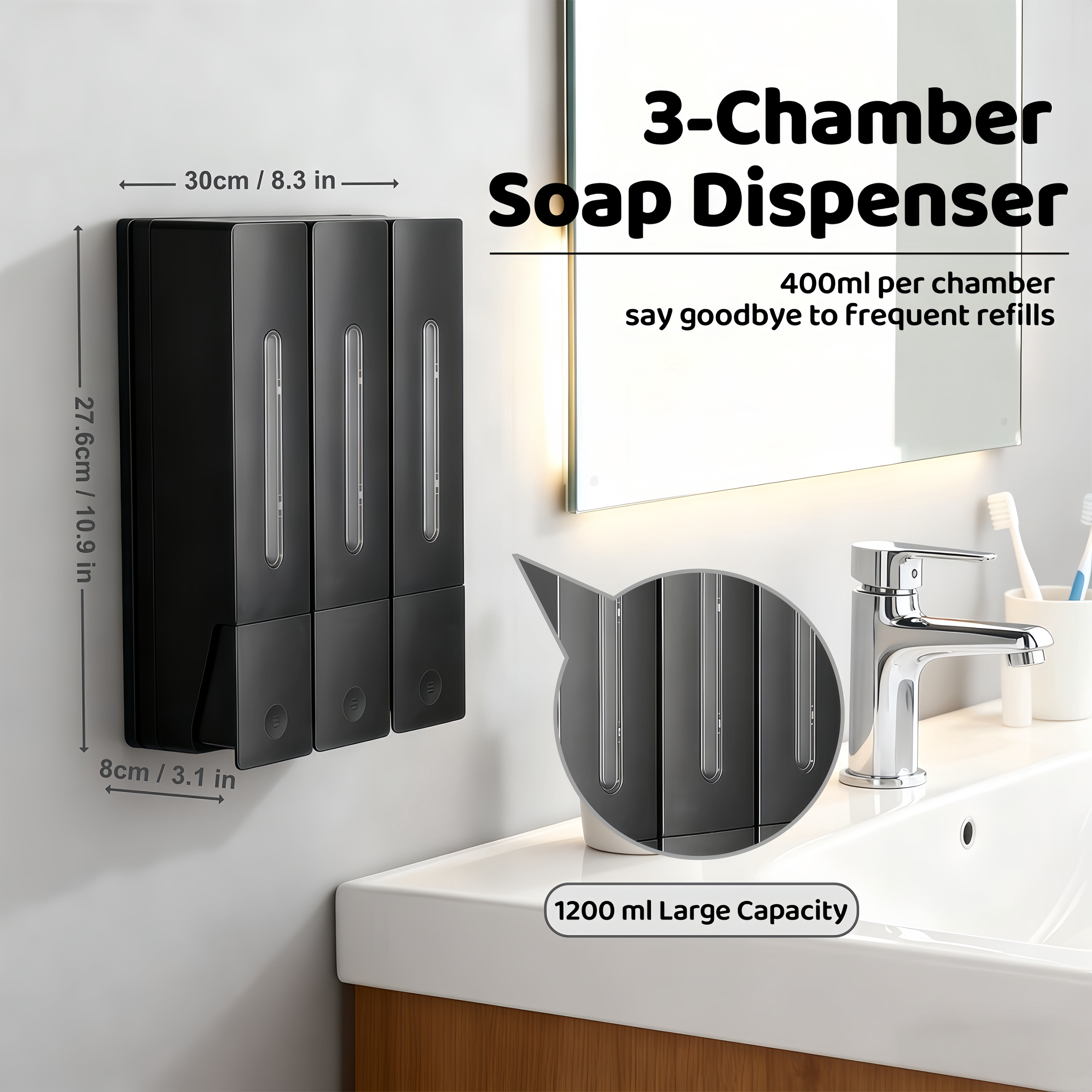 Shampoo and Conditioner Dispenser - Wall-Mounted 3-Chamber Shower Soap Dispenser, No-Drill, 1200ML Capacity, for Bathroom & Hotel