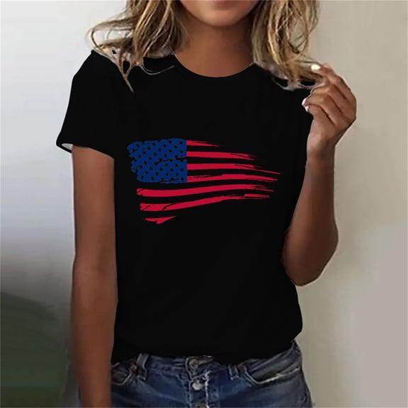 BRGZLK American Flag Summer T-Shirt For Women Summer Independent Day Printed Tees Casual Loose Fitting Round Neck Short Sleeved Top Black M