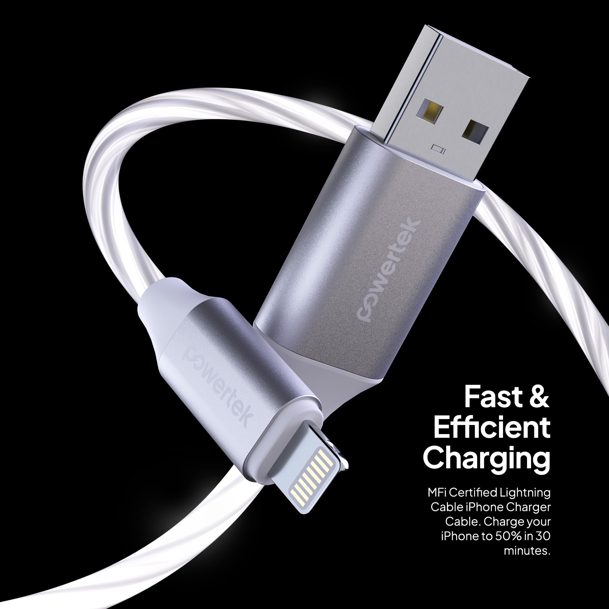Powertek MFi-Certified Light-Up USB-A to Lightning Charging Cable, 5 ft, White