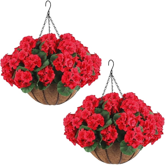 2Pcs Artificial Fake Hanging Plants Flowers with Basket,Durable Faux Floral Arrangement,for Outdoor Porch, Patio, Garden, Indoor Home Decor,Red