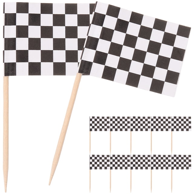 MasteelfCA Pack of 100 Racing Flag Toothpicks Checkered Flag Picks Appetizer Toothpicks Fruit Sticks for Cocktail Party - Black and White