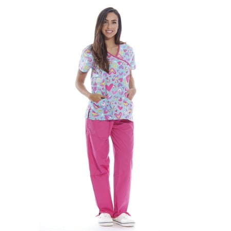 Just Love Nursing Scrubs Set for Women / Print Scrubs (Mock Wrap) (Blue Camouflage Heart Print with Fuchsia Pants, Small)