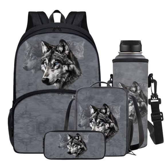 Garronmavis Gray Wolf Print Backpack Set for Boys 4 PCS School Bag with Lunch Bag & Pencil Case & Water Bottle Bag, Casual Satchel Laptop Bags Travel Bookbags Set