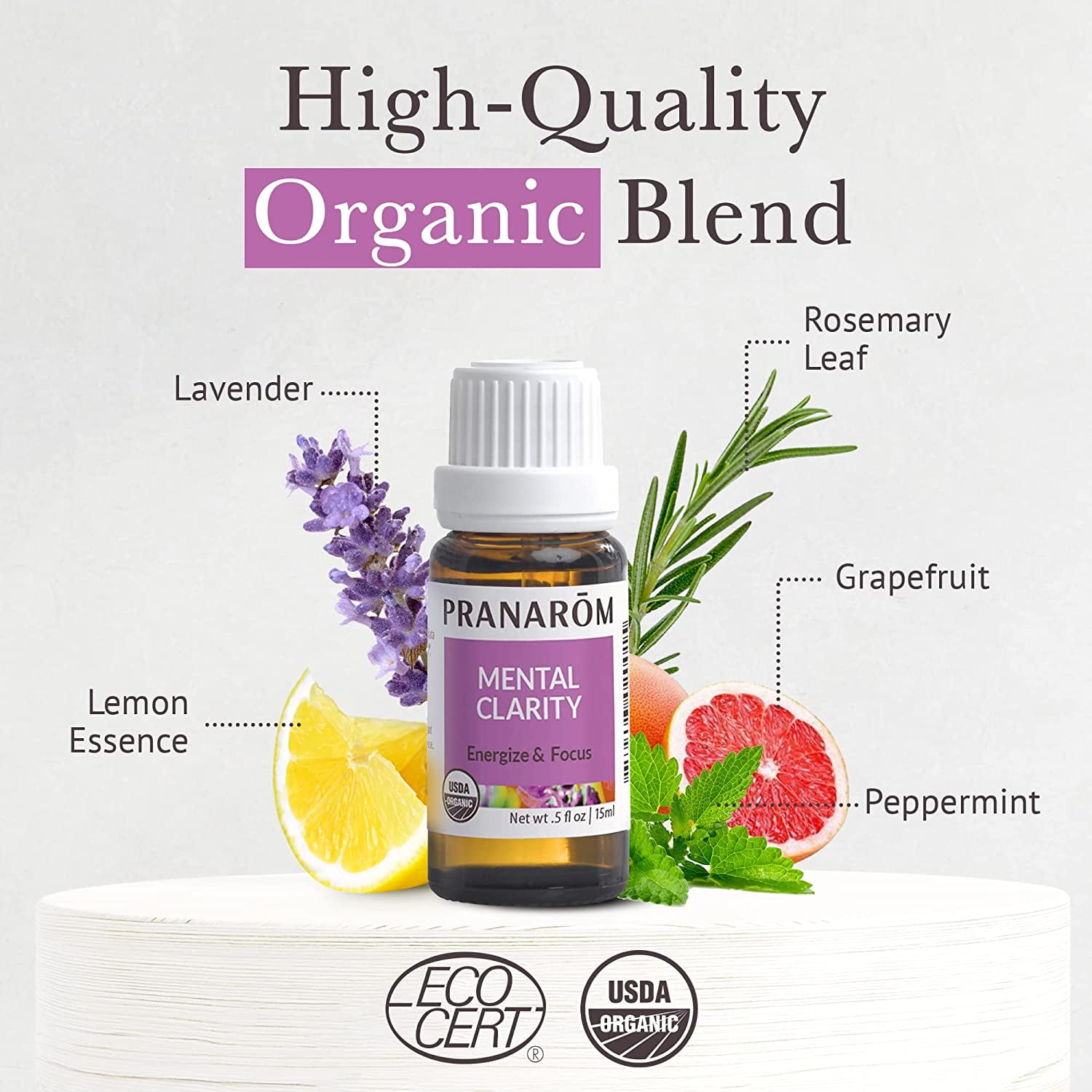 Pranarom - Mental Clarity Essential Oil Blend (15ml) - Peppermint, Lemon, Grapefruit, & Lavender - 100% Pure Essential Oil for Diffusing, Relaxation, and Focus | USDA and ECOCERT Certified Organic