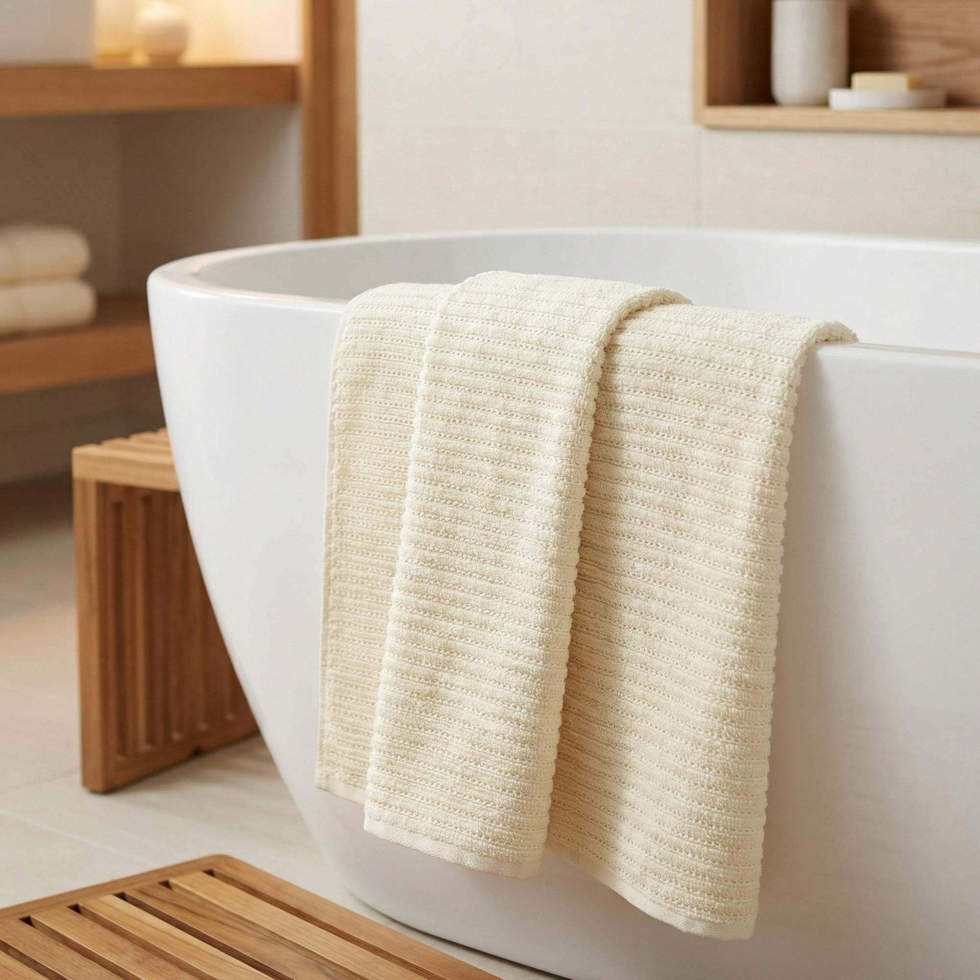 Unique Bargains Cotton Waffle Soft Absorbent Bath Towels 2 Pack White/Brown 55"x28"