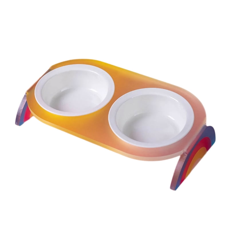 Yiran Ceramic Double Cat Bowl with Rainbow Stand, Blue