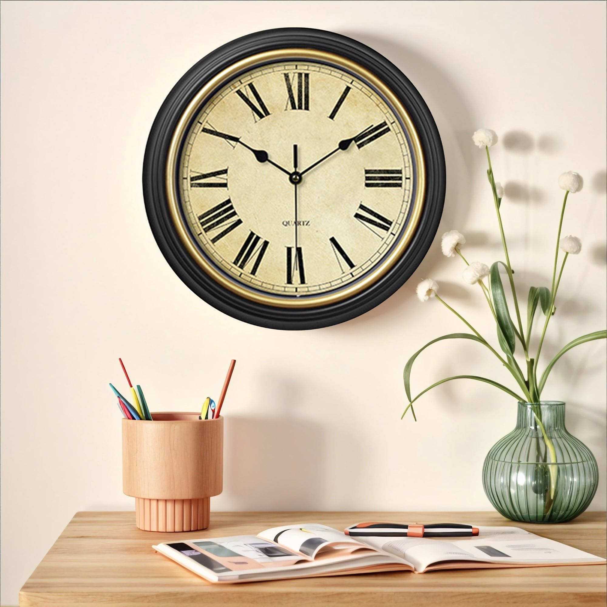 Unique Bargains Silent Non Ticking Battery Operated Wall Clock Black and Yellow