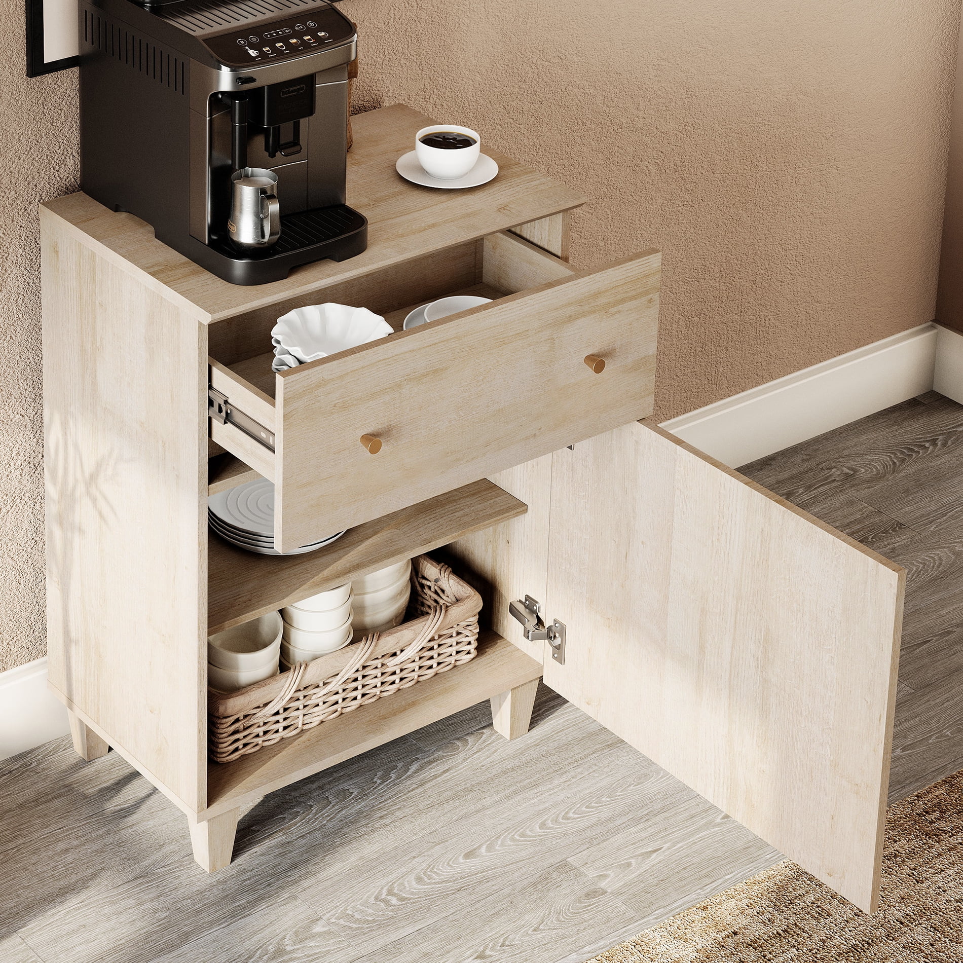 Buffet Storage Cabinet with 1 Drawer and 1 Adjustable Shelf, Light Oak Wood Finish