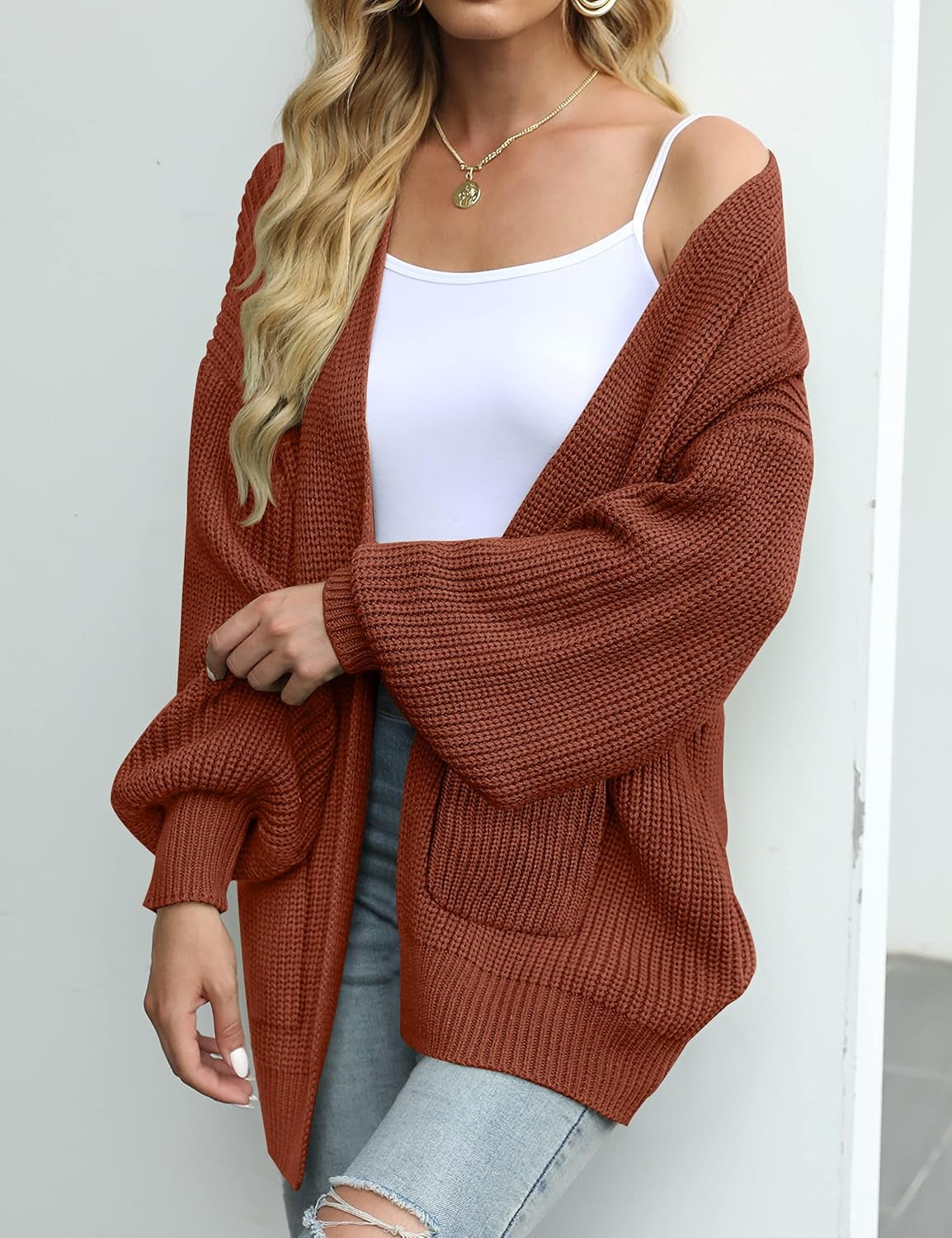Chunky Knit Cardigan For Women - Oversized Open Front Sweater With Lantern Sleeves